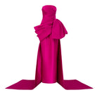 Elegant purple taffeta gown by 21Six, featuring intricate design details and a flowing silhouette.