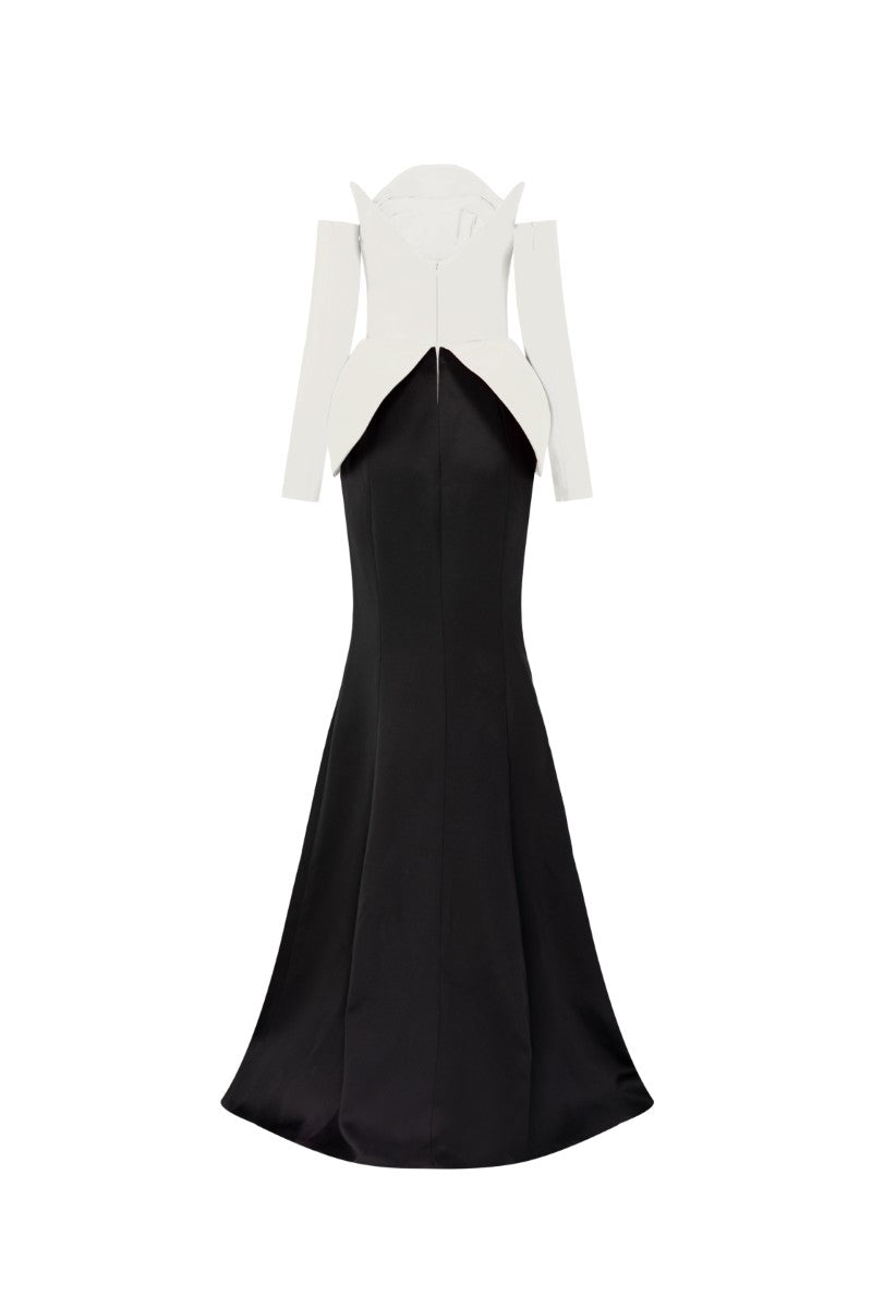 Elegant Dana Silk Taffeta gown in white and black by 21Six, featuring a flowing silhouette and stylish design.