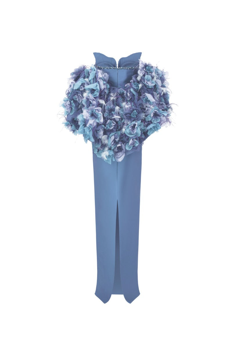Blue Carolina Noora Royal Taffeta gown by 21Six, elegant floor-length dress with a flowing silhouette and intricate detailing.
