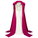 Elegant RUQAYYA silk taffeta gown in white and purple from 21Six, featuring flowing fabric and intricate design details.