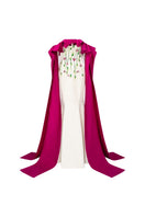 Elegant RUQAYYA silk taffeta gown in white and purple from 21Six, featuring flowing fabric and intricate design details.