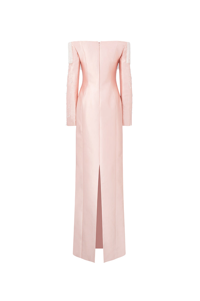 Light pink Talia royal taffeta gown by 21Six, elegant floor-length dress with a flowing silhouette and luxurious fabric.