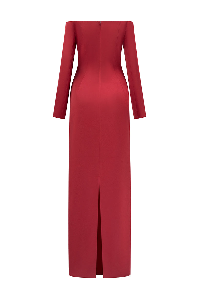 Red Soraya silk taffeta gown by 21Six featuring elegant draping and a flowing silhouette, perfect for formal occasions.