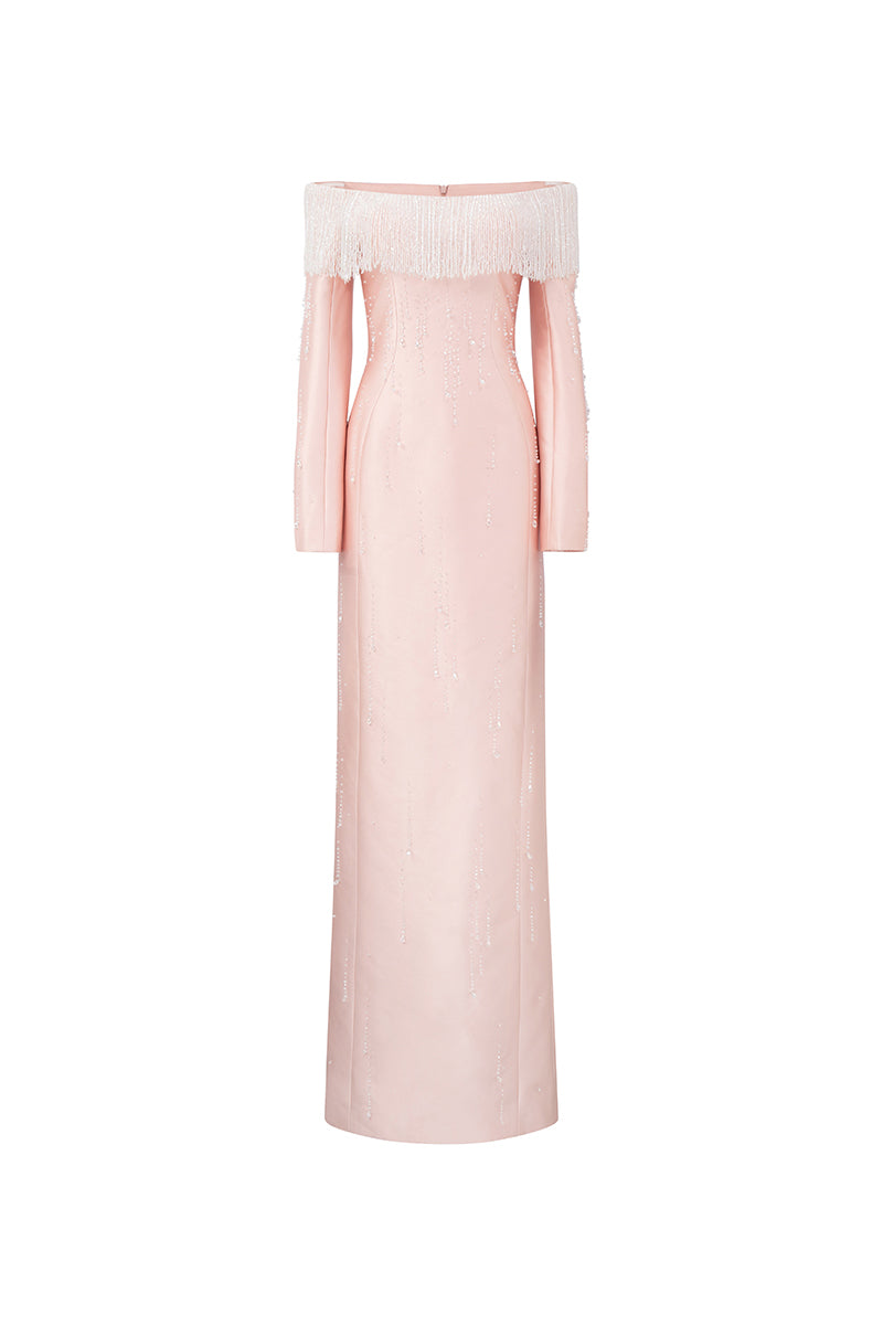 Light pink Talia royal taffeta gown by 21Six, elegant formal dress with flowing fabric and sophisticated design.