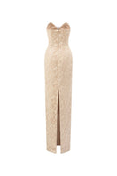 Beige lace gown by 21Six featuring intricate lace details and a flowing silhouette, perfect for elegant occasions.