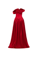 Red Sana Royal Taffeta gown by 21Six, featuring elegant flowy fabric and intricate detailing, perfect for formal occasions.