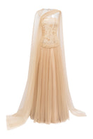 Beige AQAHWAN tulle and lace gown by 21Six, featuring elegant fabric details and a flowing silhouette.