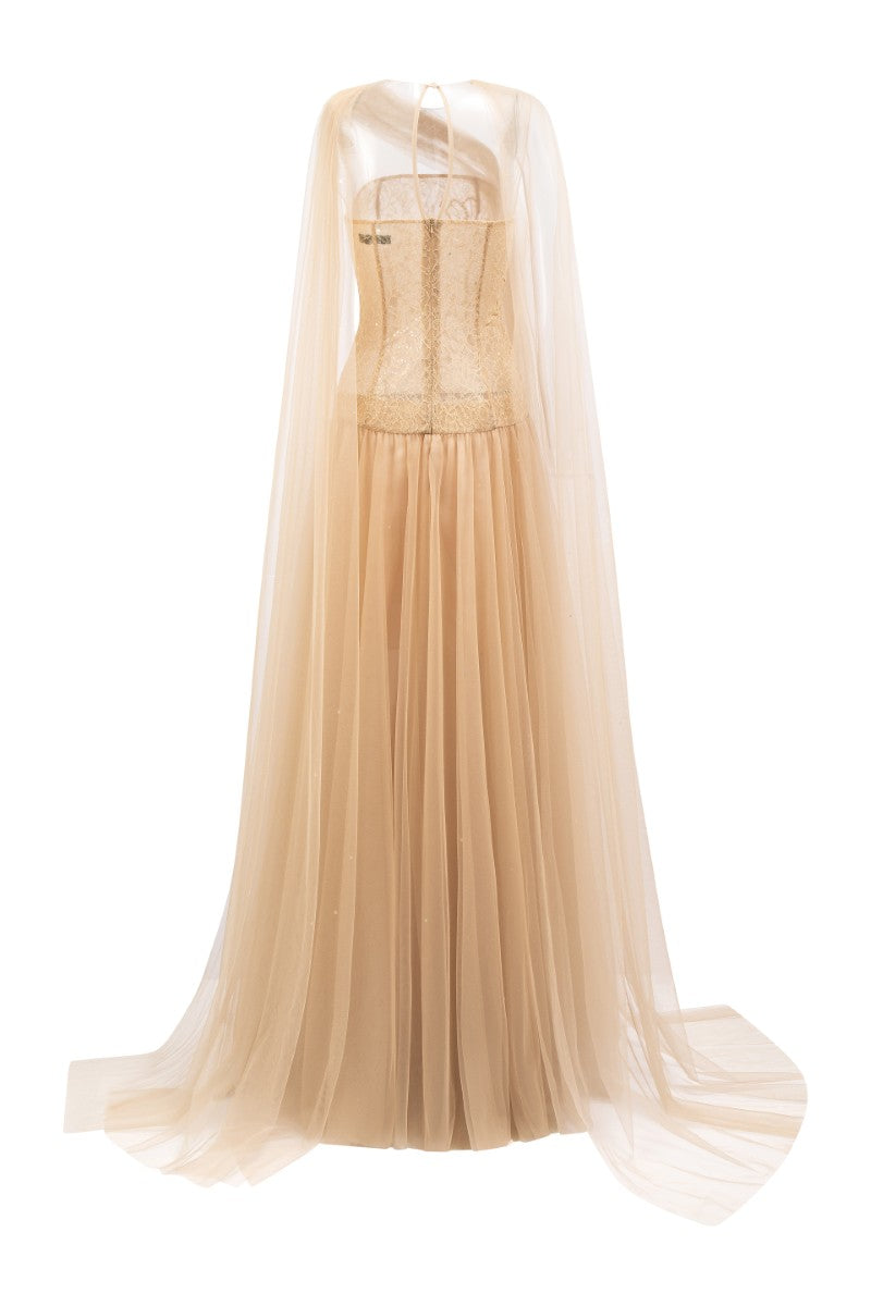 AQAHWAN TULLE AND LACE DRESS IN BEIGE - CULT MIA