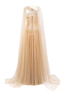 Beige AQAHWAN tulle and lace gown by 21Six, elegant dress with intricate lace details and flowing tulle fabric.