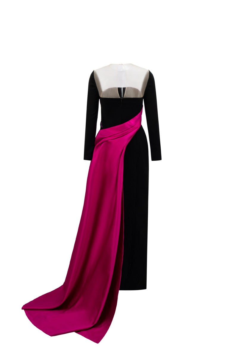 FARBIYOUN CREPE AND ROYAL TAFFETA DRESS IN BLACK AND PURPLE - CULT MIA