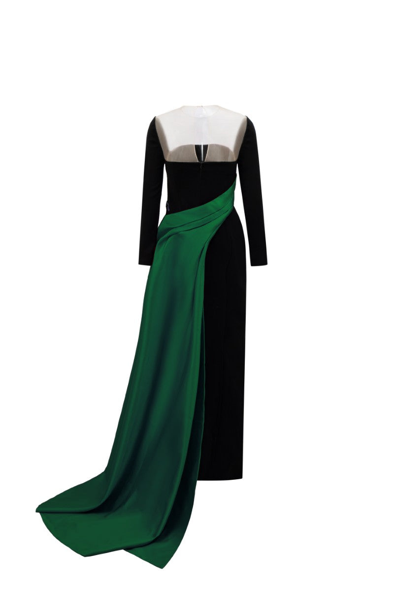 FARBIYOUN CREPE AND ROYAL TAFFETA DRESS IN BLACK AND GREEN - CULT MIA