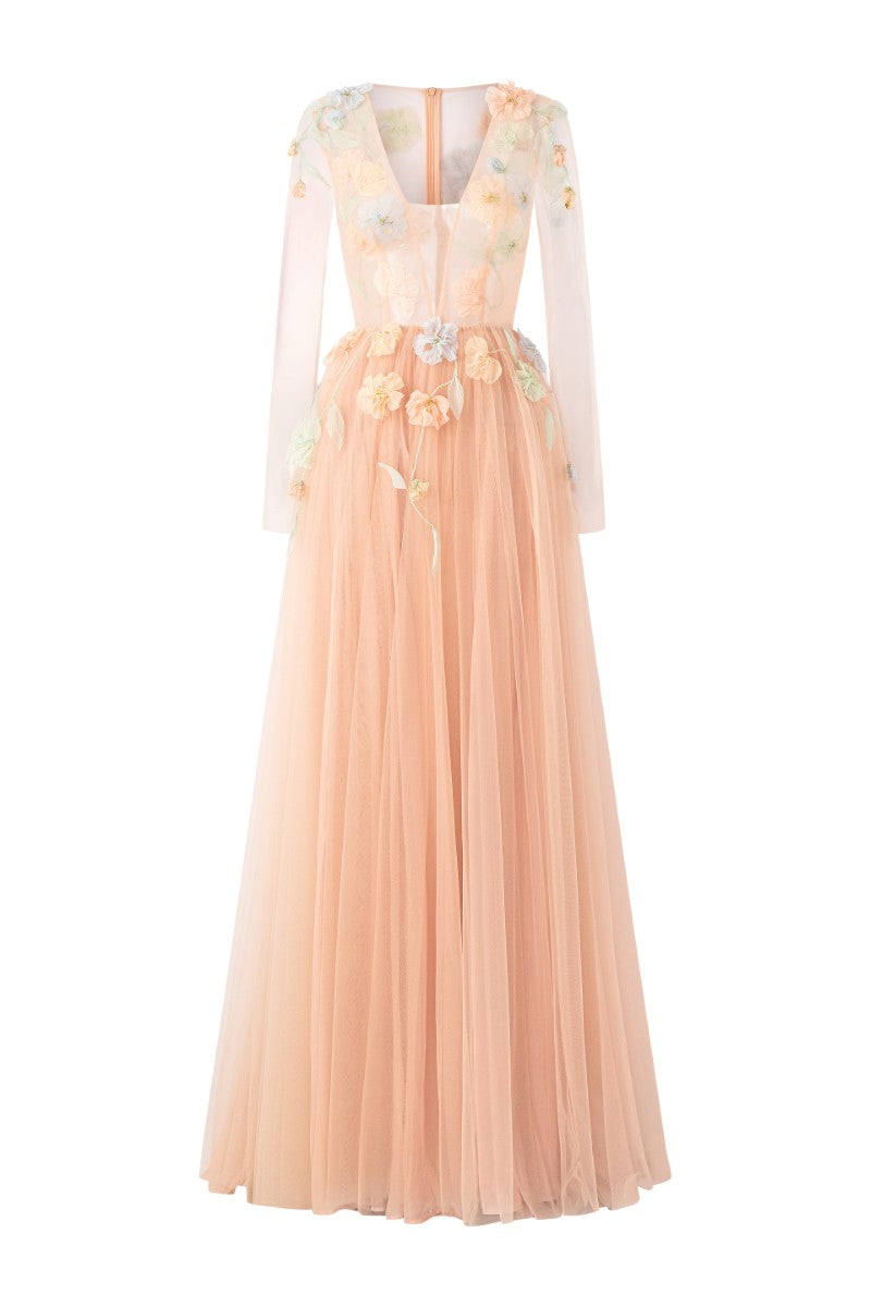 QABAR TULLE FLOWER DRESS IN PEACH - CULT MIA