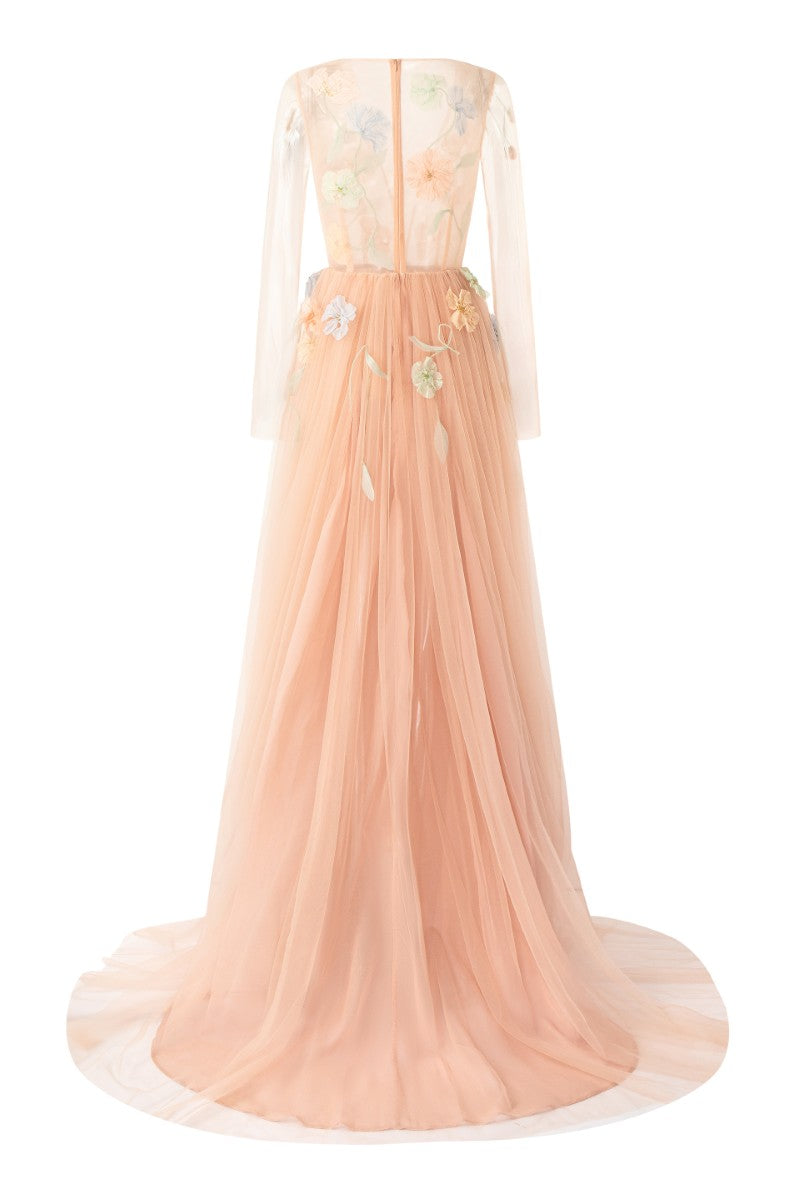 QABAR TULLE FLOWER DRESS IN PEACH - CULT MIA
