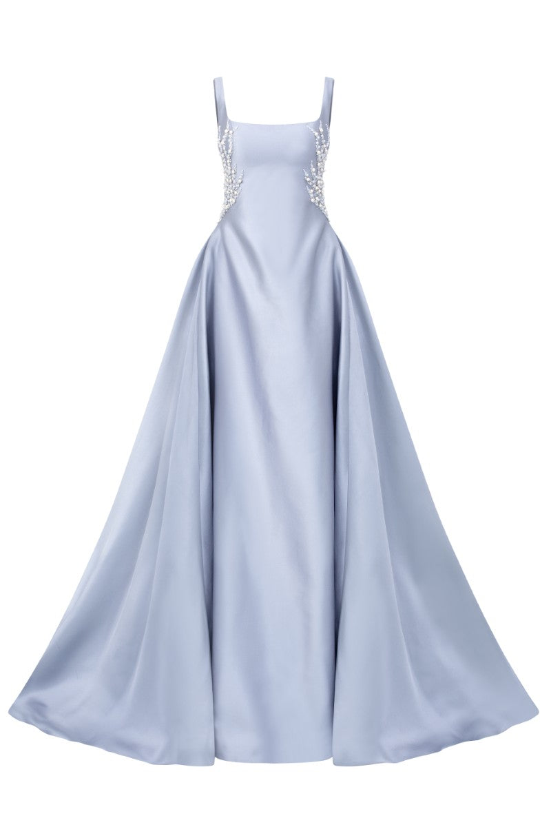 Blue Sienna Royal Taffeta gown by 21Six, elegant formal dress with a fitted bodice and flowing skirt, suitable for special occasions.