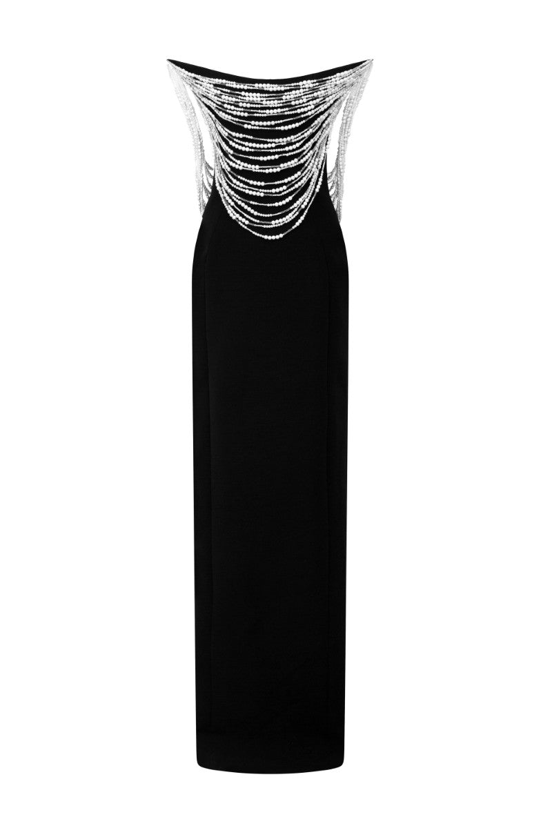 Black NOELLE crepe gown by 21Six, elegant evening dress with a sleek silhouette and smooth fabric, perfect for formal occasions.