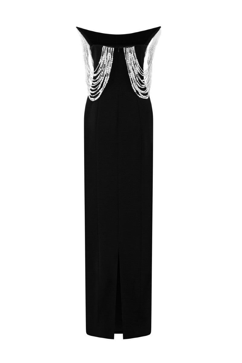 Black Noelle crepe gown by 21Six, elegant long dress with a flowing silhouette and tailored fit, suitable for formal occasions.