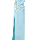 Light blue Sirena Water Silk Taffeta gown by 21Six, flowing elegant dress with intricate details and smooth fabric.