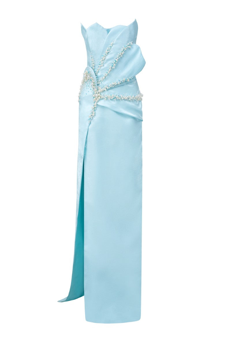 Light blue Sirena Water Silk Taffeta gown by 21Six, featuring elegant fabric and a flowing silhouette, perfect for formal occasions.