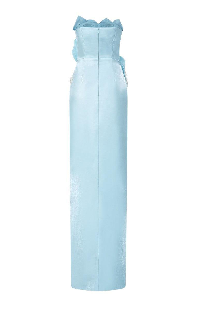 Elegant light blue Sirena Water Silk Taffeta gown by 21Six, featuring a flowing silhouette and intricate detailing.