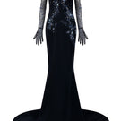 Black Leona crepe gown with vellana tulle gloves, elegant evening dress by 21Six, shown on a model.