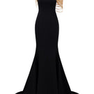 Black Thalia crepe gown by 21Six, featuring a sleek, elegant design with flowing fabric and tailored details.