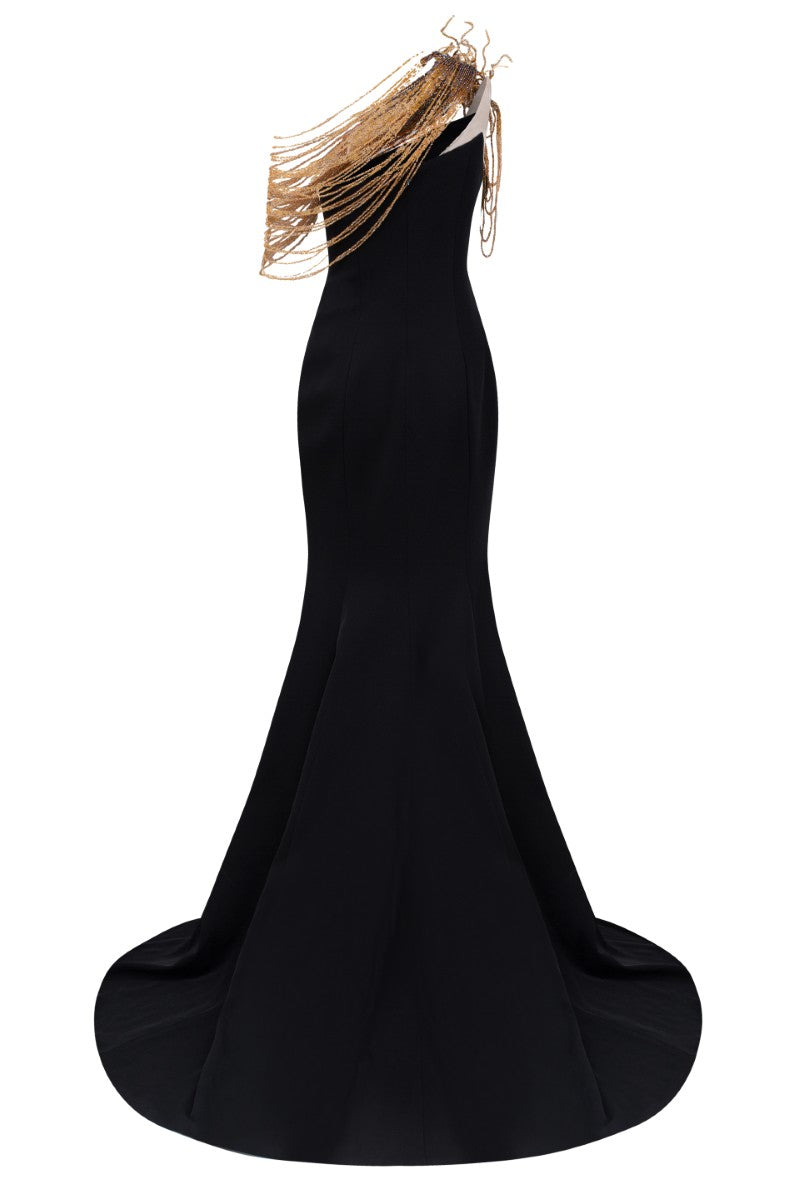 Elegant black Thalia crepe gown by 21Six featuring a sleek design, perfect for formal occasions.