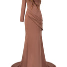 Light brown crepe gown by 21Six, featuring elegant design and flowing fabric, perfect for formal occasions.