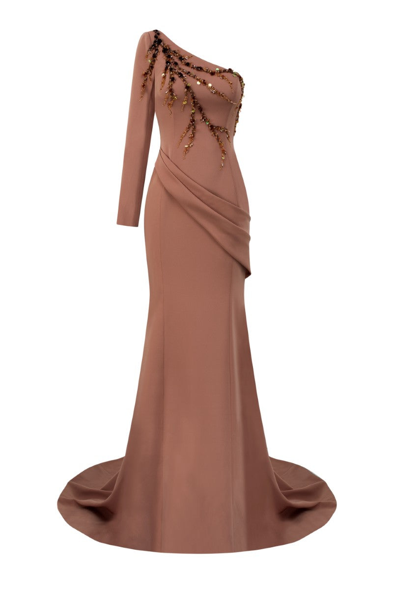 DARYA CREPE DRESS IN LIGHT BROWN | CULT MIA
