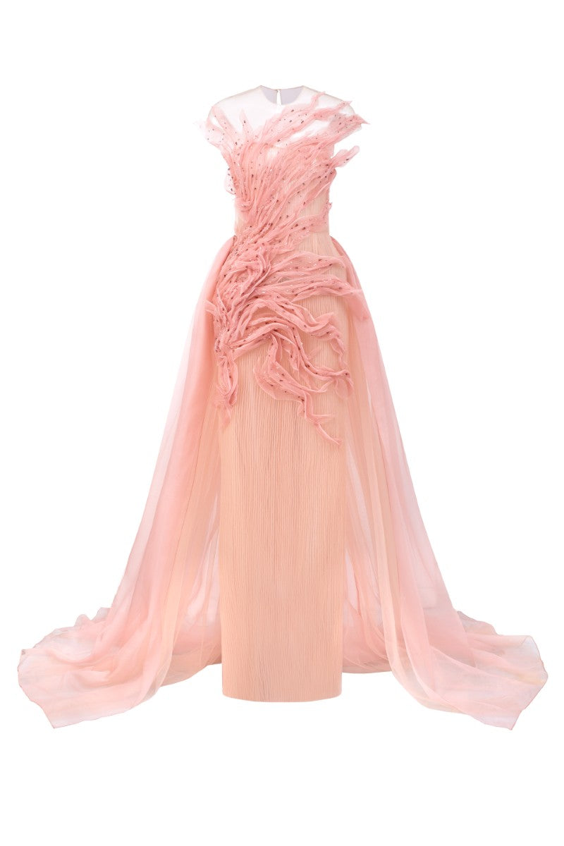 Light pink tulle and organza gown by 21Six, elegant formal dress with delicate layers and flowing design.