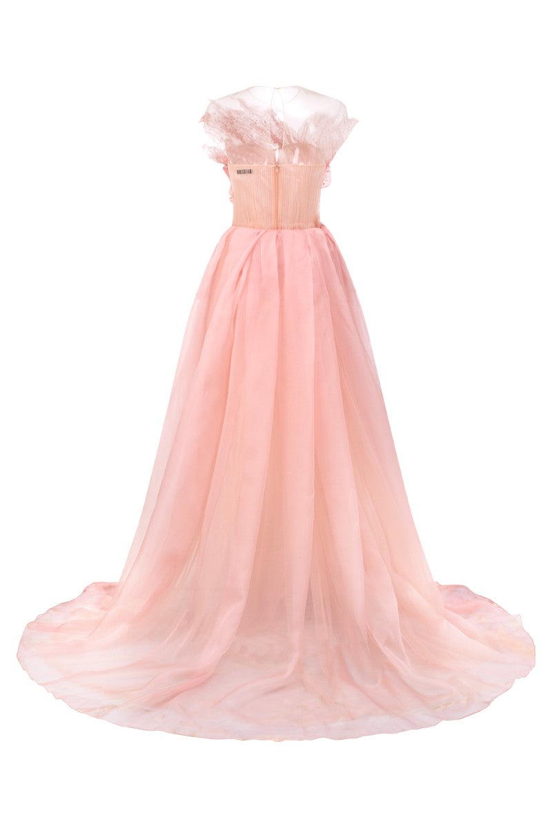 Light pink tulle and organza gown by 21Six featuring a graceful, flowing design perfect for special occasions.