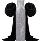 Elegant MOIRAE sequin gown paired with a Marisol taffeta cape by 21Six, featuring shimmering sequins and flowing fabric.