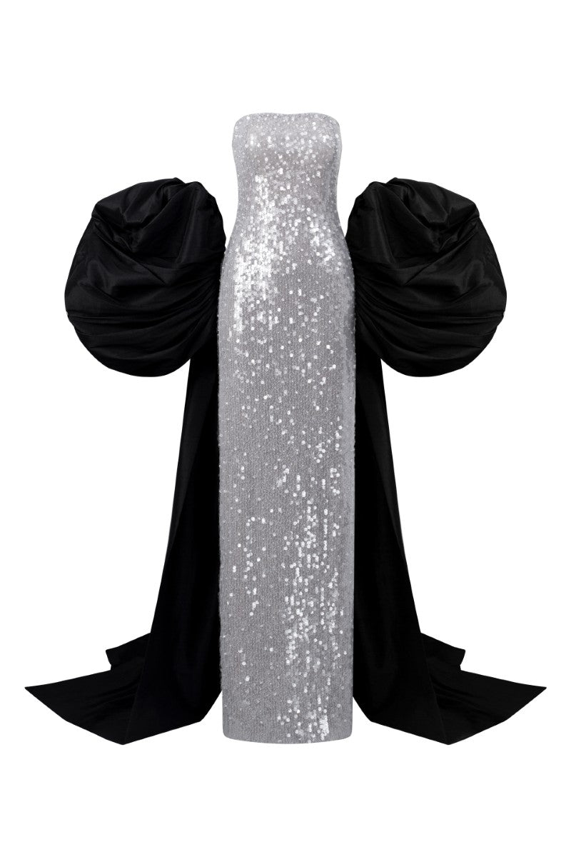 Elegant MOIRAE sequined gown paired with Marisol taffeta cape from 21Six, showcased on a model for formal evening wear.