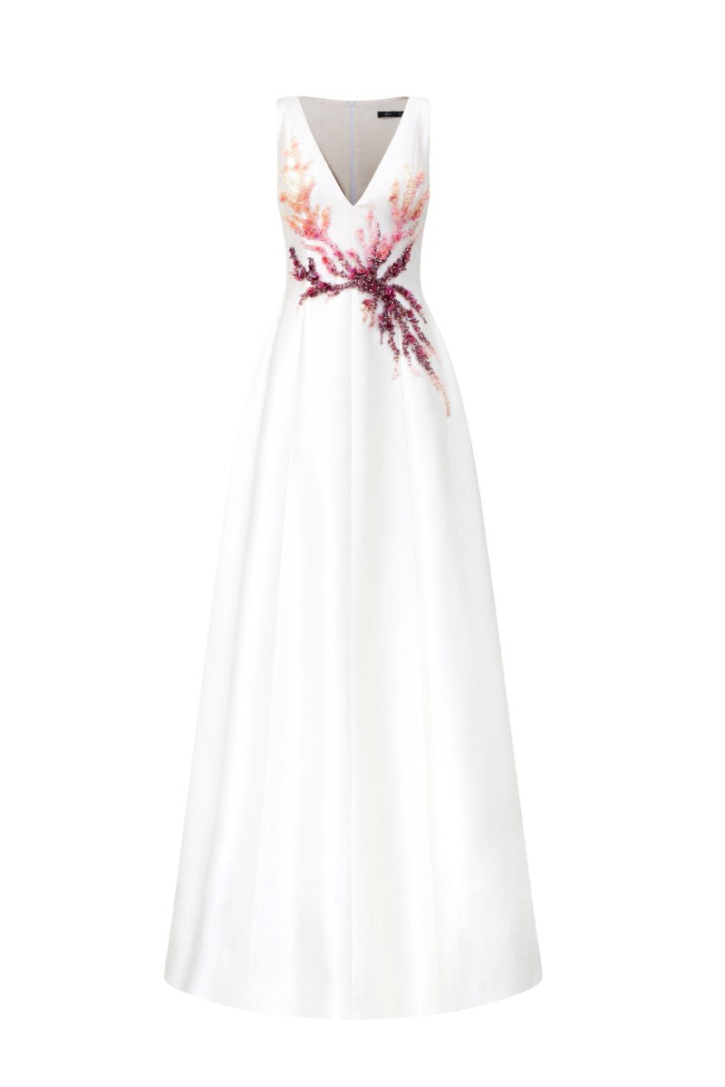 White Evelina Royal Taffeta gown by 21Six, elegant formal dress with a flowing taffeta fabric and intricate detailing.