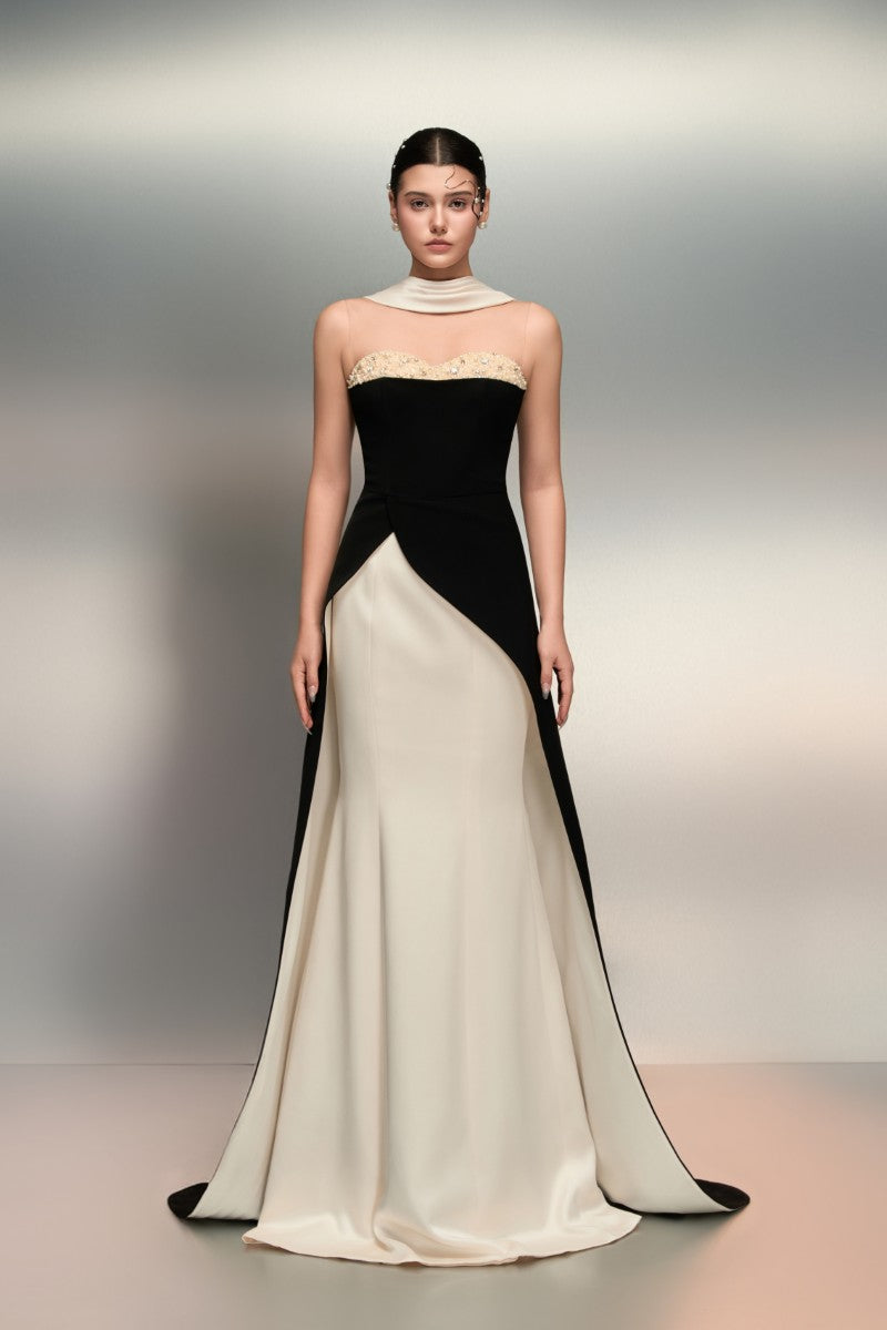 LULWA CREPE AND SILK TAFFETA DRESS IN BLACK AND WHITE - CULT MIA
