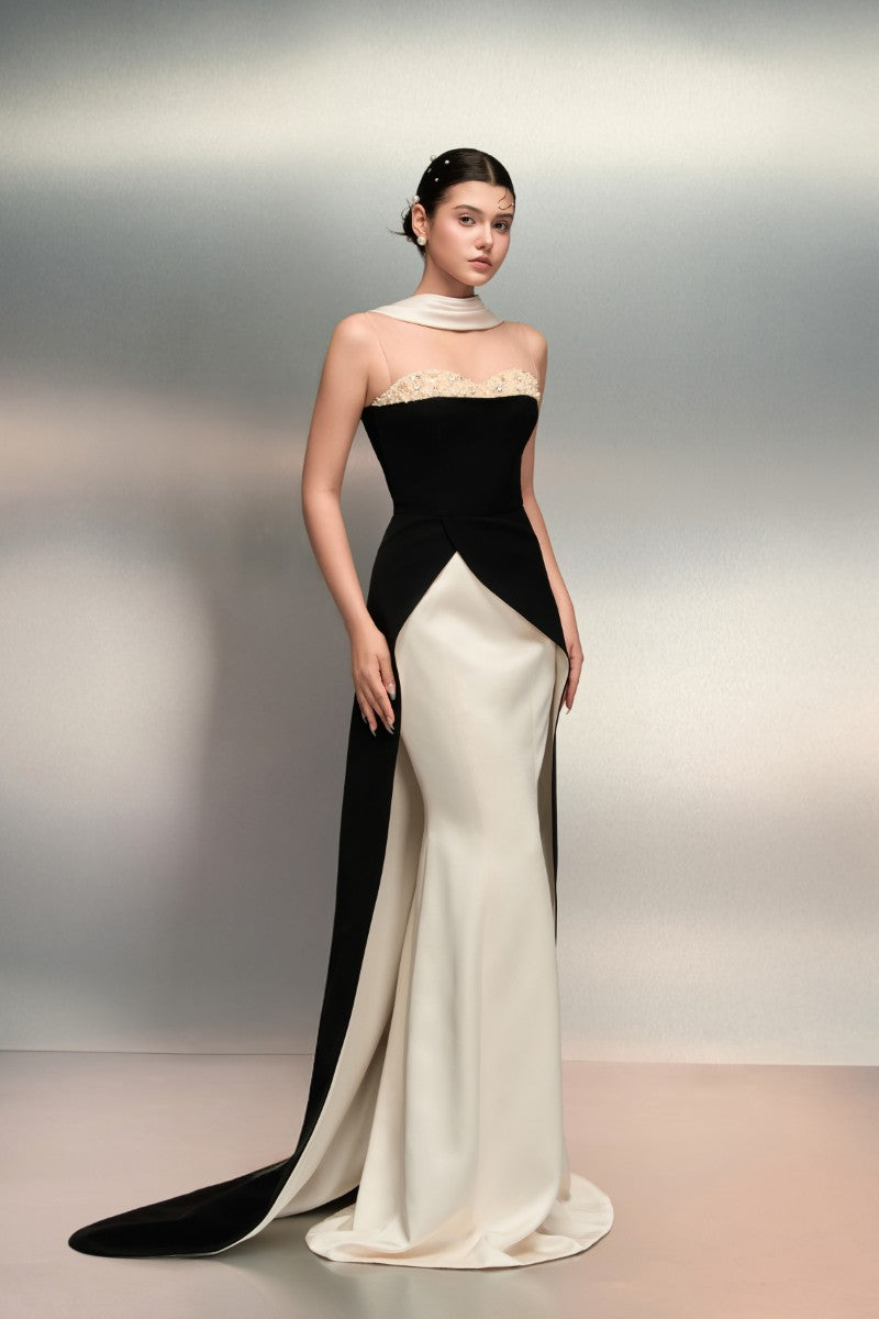 LULWA CREPE AND SILK TAFFETA DRESS IN BLACK AND WHITE - CULT MIA