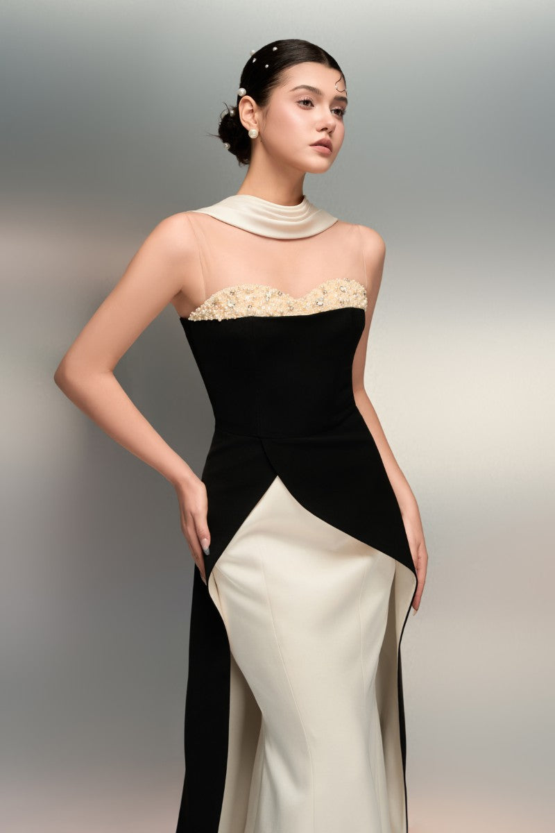 LULWA CREPE AND SILK TAFFETA DRESS IN BLACK AND WHITE - CULT MIA