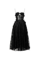 Black GHAZAL lace strappy midi dress by 21Six, featuring intricate lace details and a fitted silhouette.