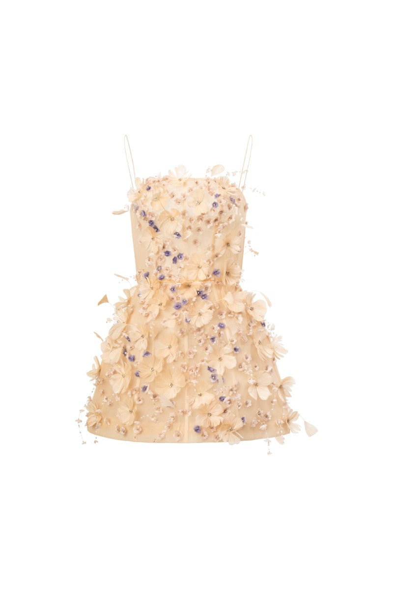 DULFINE TULLE FEATHER FLOWER DRESS IN BEIGE - CULT MIA