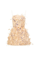 Beige DULFINE tulle feather flower mini dress by 21Six, featuring delicate feather details and feminine design.
