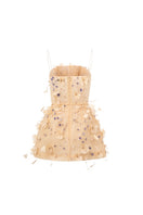 Beige DULFINE Tulle Feather Flower Dress by 21Six, mini dress with delicate feather details and floral accents, perfect for special occasions.