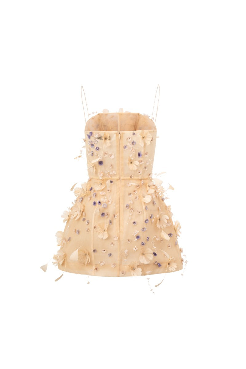 Beige DULFINE Tulle Feather Flower Dress by 21Six, mini dress with delicate feather details and floral accents, perfect for special occasions.