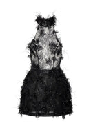 Black mini dress by 21Six with lace, floral embroidery, and feather details, featuring a fitted silhouette and stylish design.