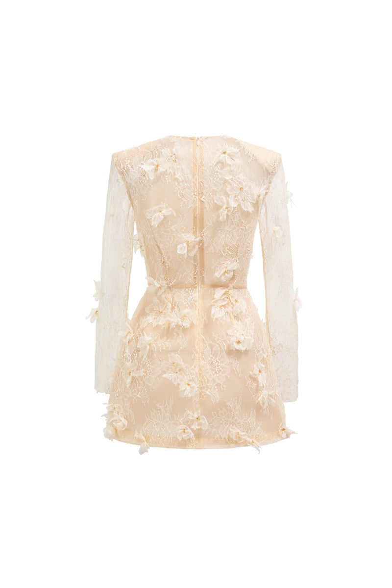 Beige DUBB lace flower mini dress by 21Six featuring intricate lace details and a stylish, feminine design.