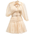 Beige QIRSH silk cut-out mini dress by 21Six featuring elegant design and stylish silhouette, perfect for chic occasions.