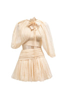 Beige QIRSH silk cut-out mini dress by 21Six featuring elegant design and stylish silhouette, perfect for chic occasions.