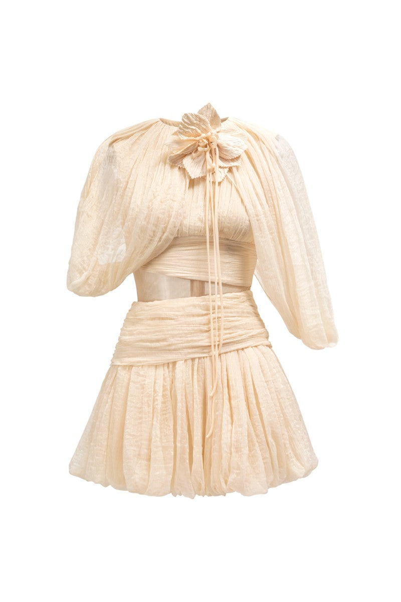 Beige QIRSH silk cut-out mini dress by 21Six featuring elegant design and stylish silhouette, perfect for chic occasions.
