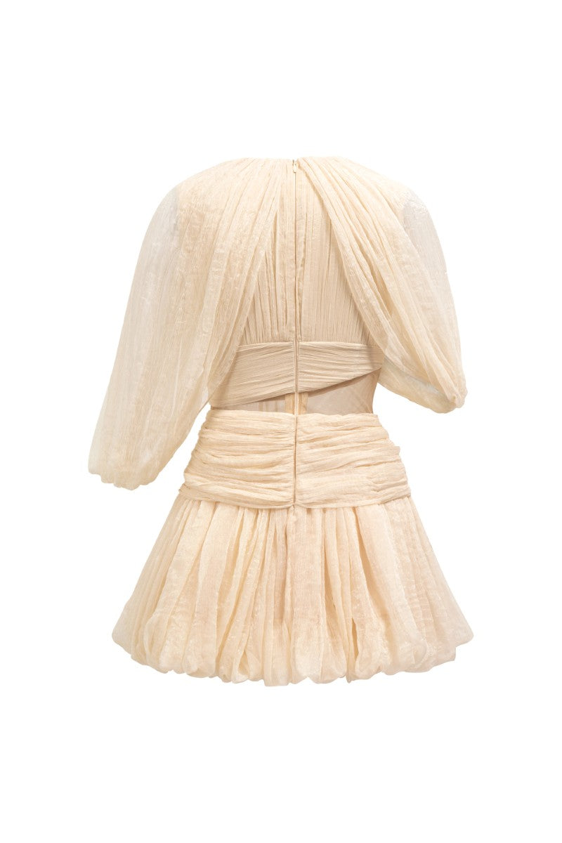 Beige QIRSH silk cut-out mini dress by 21Six, featuring sleek design and stylish cut-outs on smooth fabric.