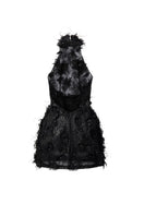Black mini dress by 21Six featuring lace, floral patterns, and feather details, perfect for stylish occasions.