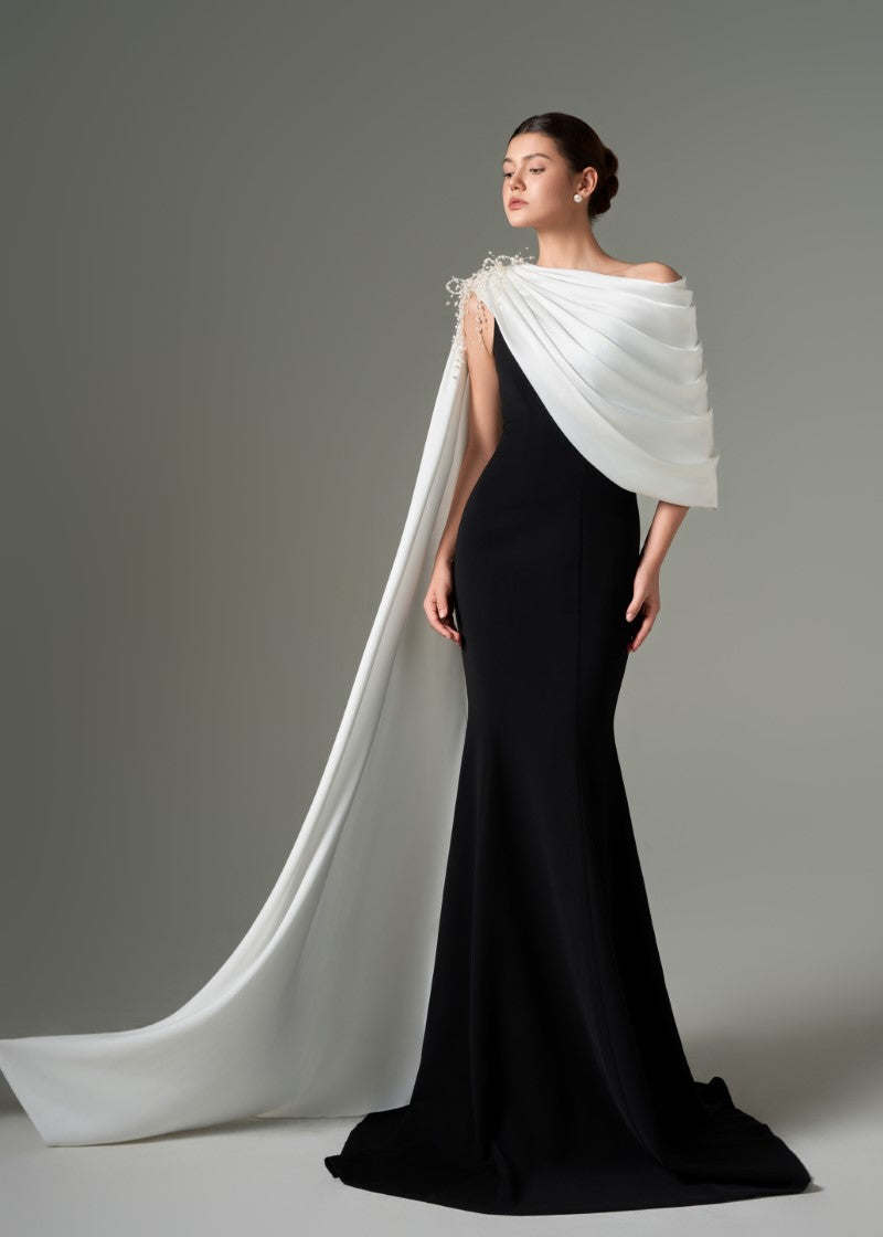 black and white fishtail dress Two-Tone Taffeta Fishtail Dress with Chain Bodice