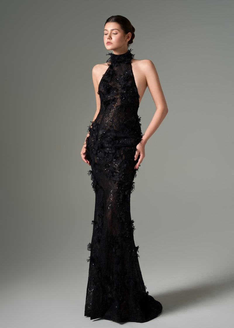 AYLIN FLORAL LACE HALTER NECK GOWN - CULT MIA